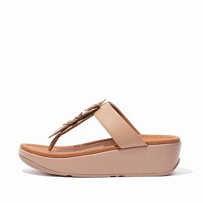 Fitflop Fino Floral Leather Toe-Post - Sandalen Damen - Beige (QYI356072)